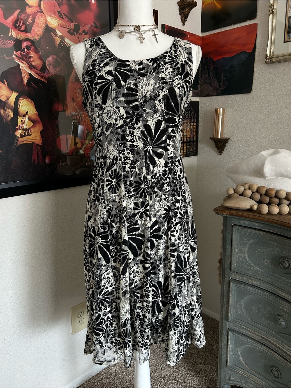 Vintage 90s Perceptions New York Black White Floral Lace Midi Dress Whimsigoth